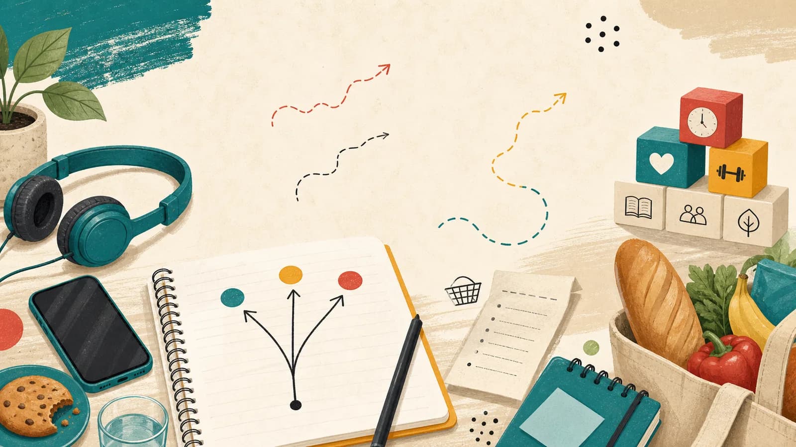 Tactile illustrated desk with a notebook branching into everyday choices among time, study, health, relationships, and groceries.