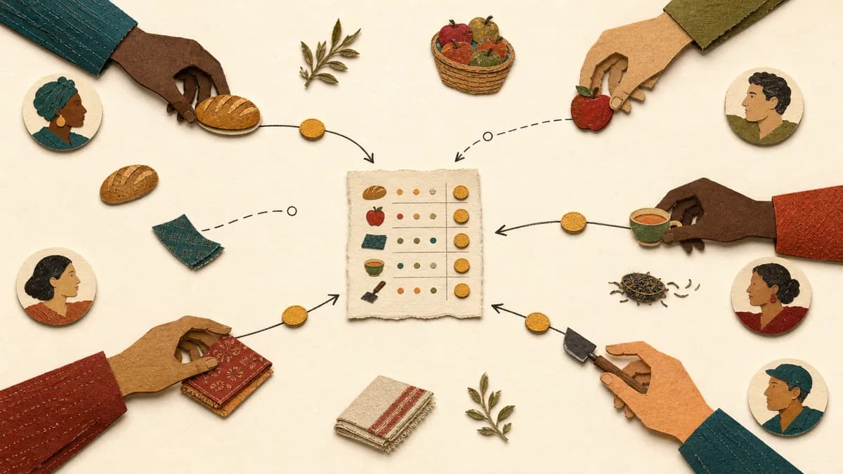 Cut-paper market with five participants exchanging bread, apples, tea, cloth, and a tool.