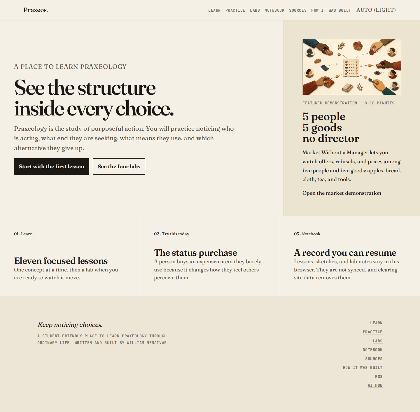 Praxeos homepage with the flagship Market Without a Manager action and the wider learning paths.