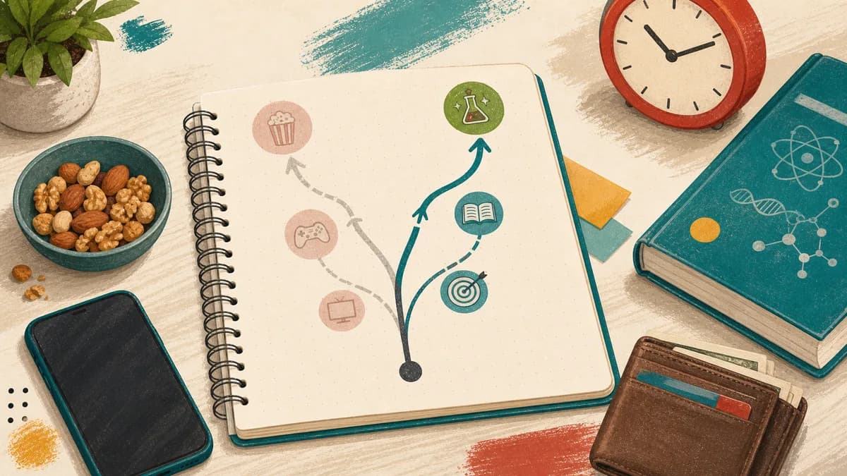 Tactile notebook illustration of one selected path and several faded alternatives beside a clock, wallet, phone, and study materials.
