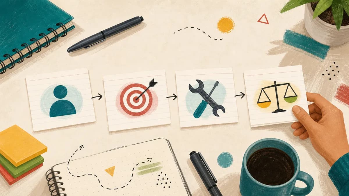 Editorial desk illustration of cards linking a person, goal, tools, and a balancing decision, with a hand revising the sequence.